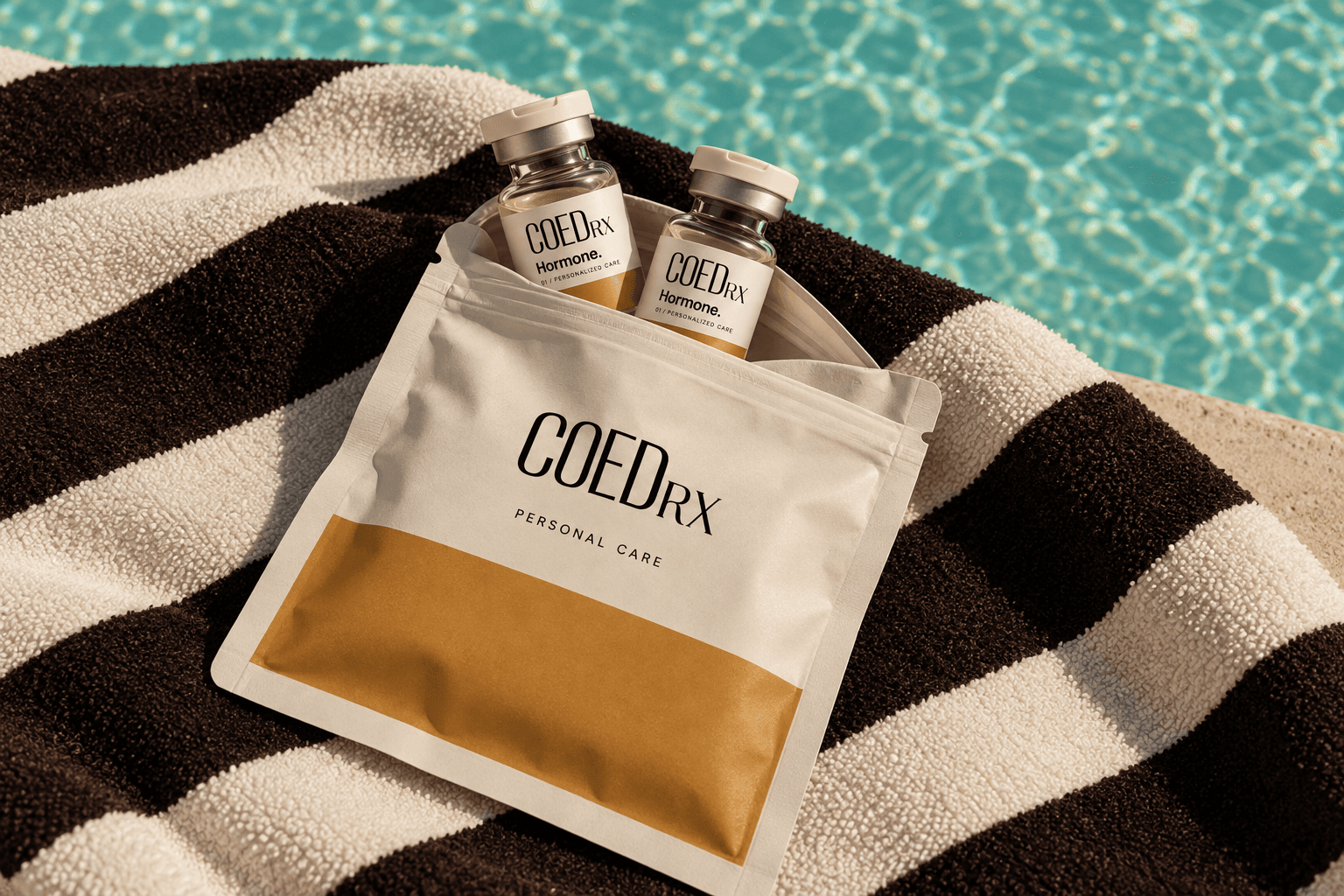 Ivory and ochre COED RX mylar pouch with two matching vials tucked inside, resting casually on a striped towel beside a turquoise pool