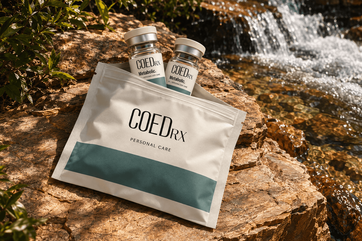 Ivory and mineral teal COED RX pouch holding two vials on warm sandstone beside a lush waterfall pool