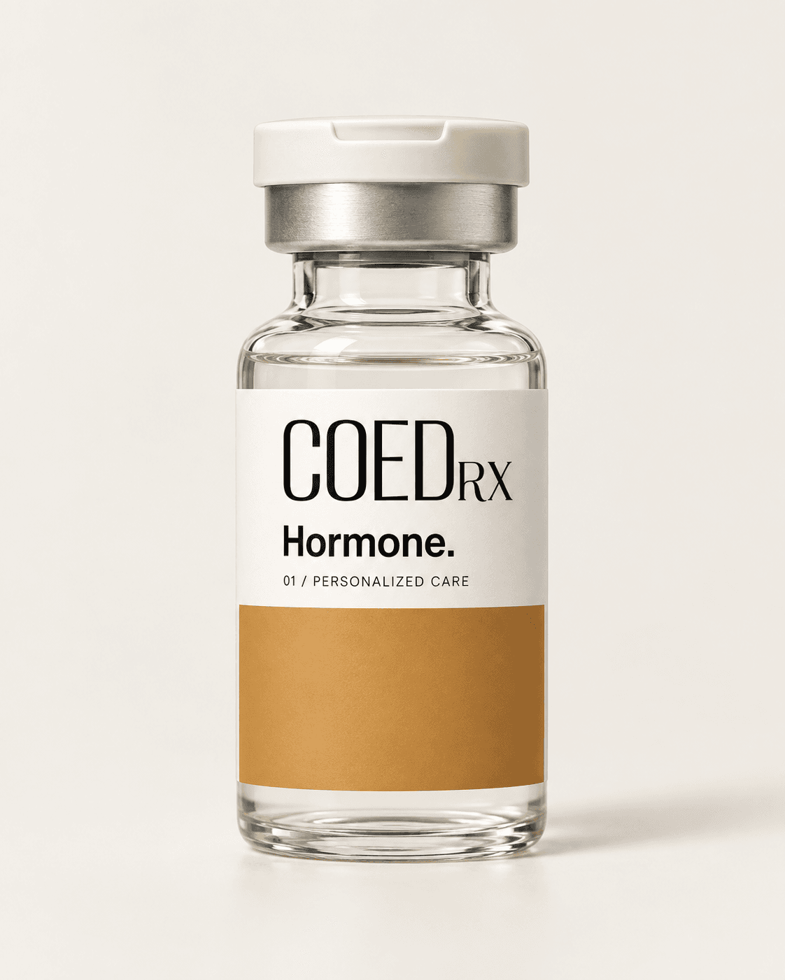 COED RX Hormone vial packaging concept with an ivory label and warm ochre panel